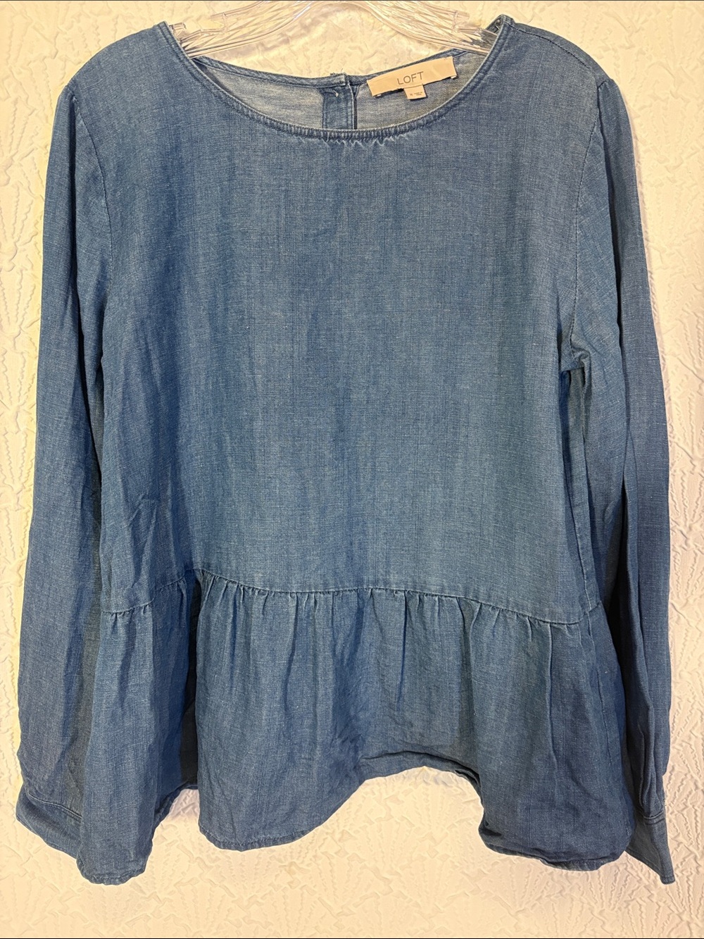 LOFT Light Blue Denim Peplum Long-Sleeve Top Cabincore Costal Cowgirl Romantic